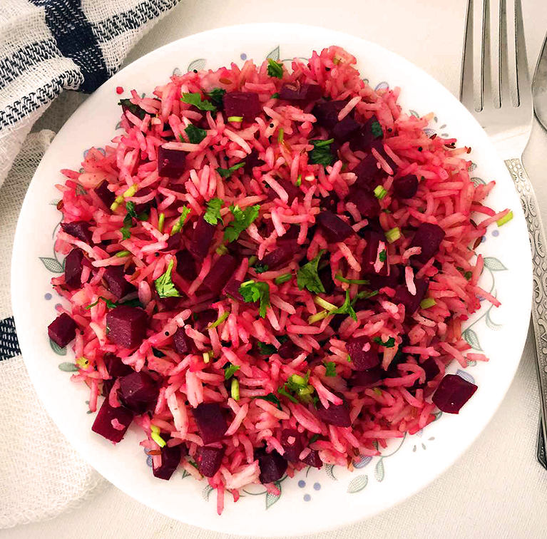 vegan & nistisima, vegan & fasting, recipe, gourmet, healthy_food, vegetarian, cooking, meatless, Risotto with beetroot, basmati rice, beetroot, 1 onion, mustard seeds, curry leaves, chili, ginger, cayenne, mint, cilantro, olive oil